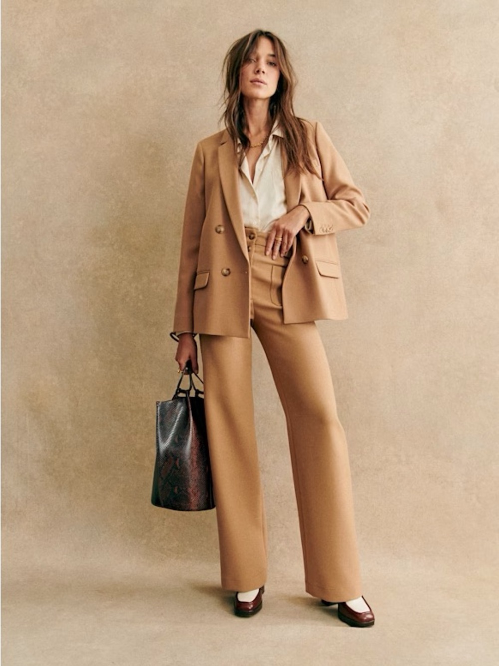 Sezane Christie Double-Breasted Blazer in Camel